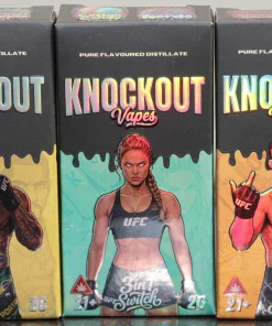 Three Knockout Vapes boxes lined up, featuring colorful metallic KNOCKOUT text and UFC fighter illustrations (left: tattooed man, center: female with braids, right: man smoking) with Kush Buddy watermark.