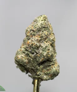 Close-up of a frosty cannabis bud with green hues, orange pistils, and dense trichomes on a pale background.