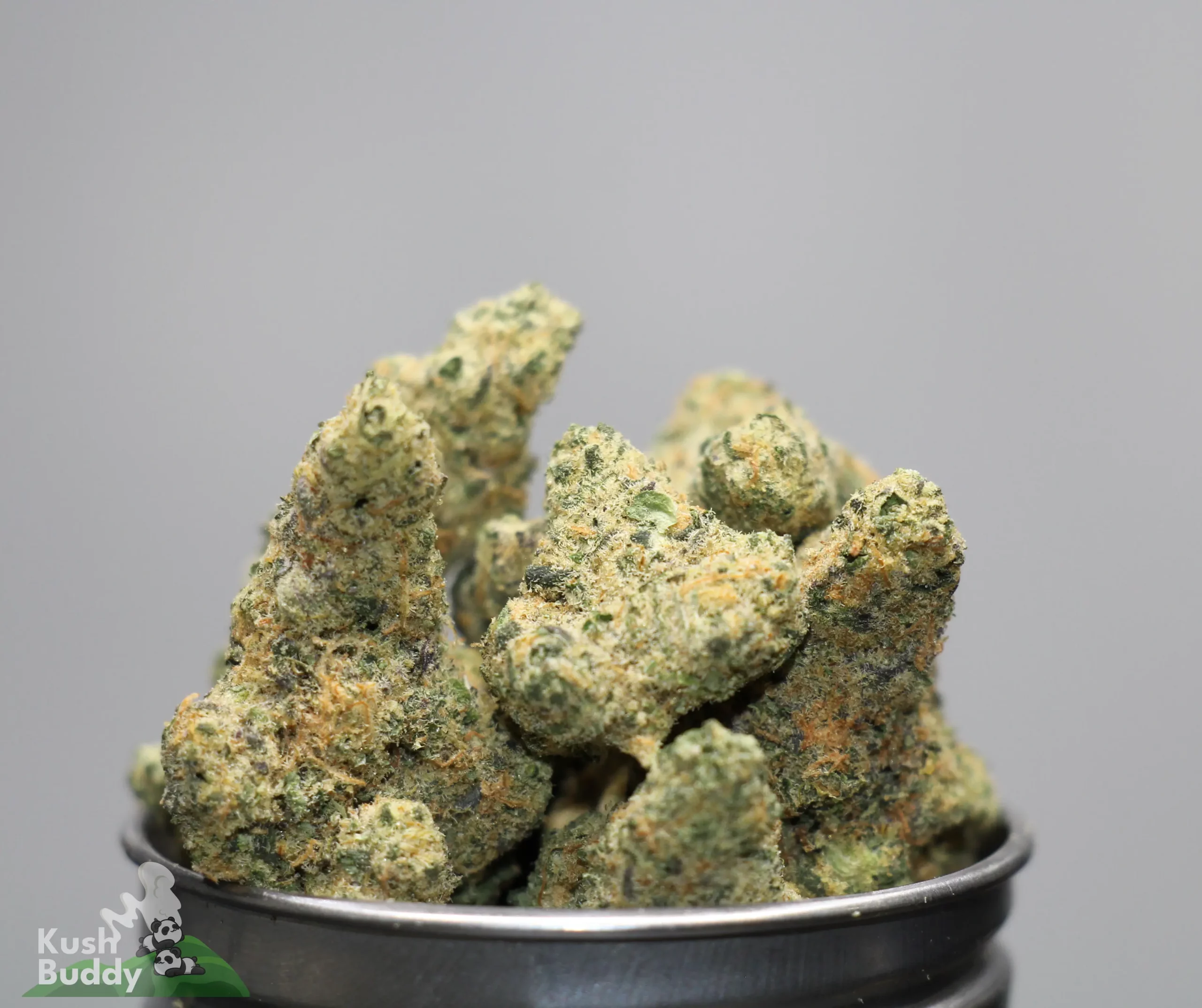 Close-up of frosty cannabis buds spilling from a metal grinder, showing dense trichomes and orange hairs
