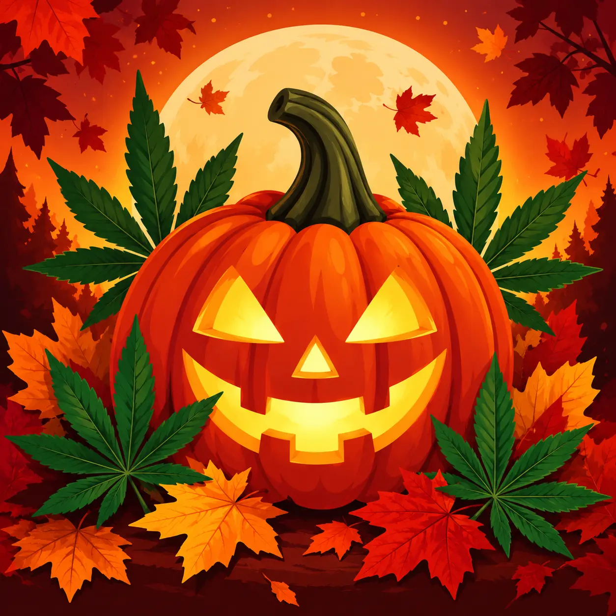 Halloween cannabis sale - jack-o'-lantern with cannabis leaves under a full moon