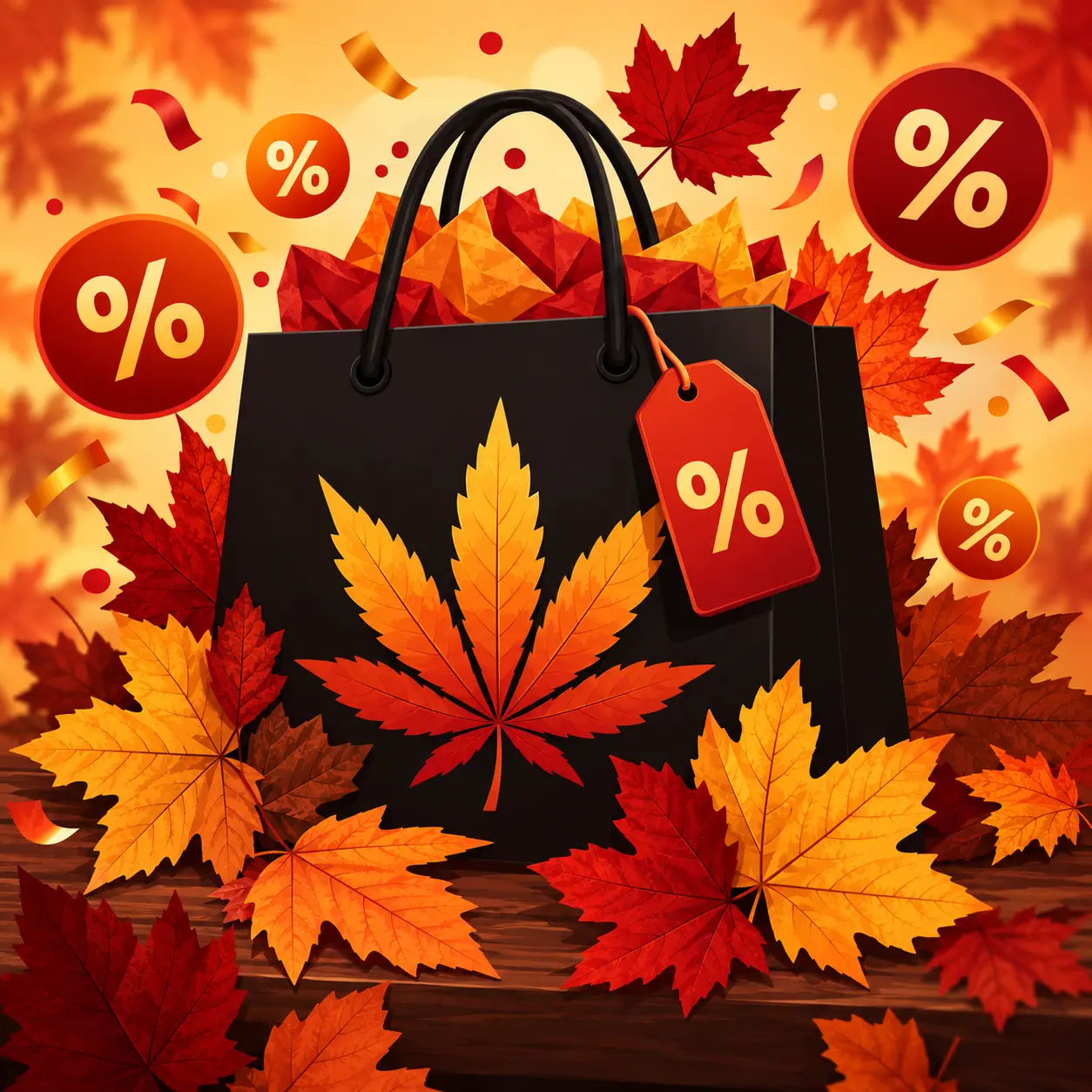 Black Friday weed sale - shopping bag with cannabis leaf and discount tags