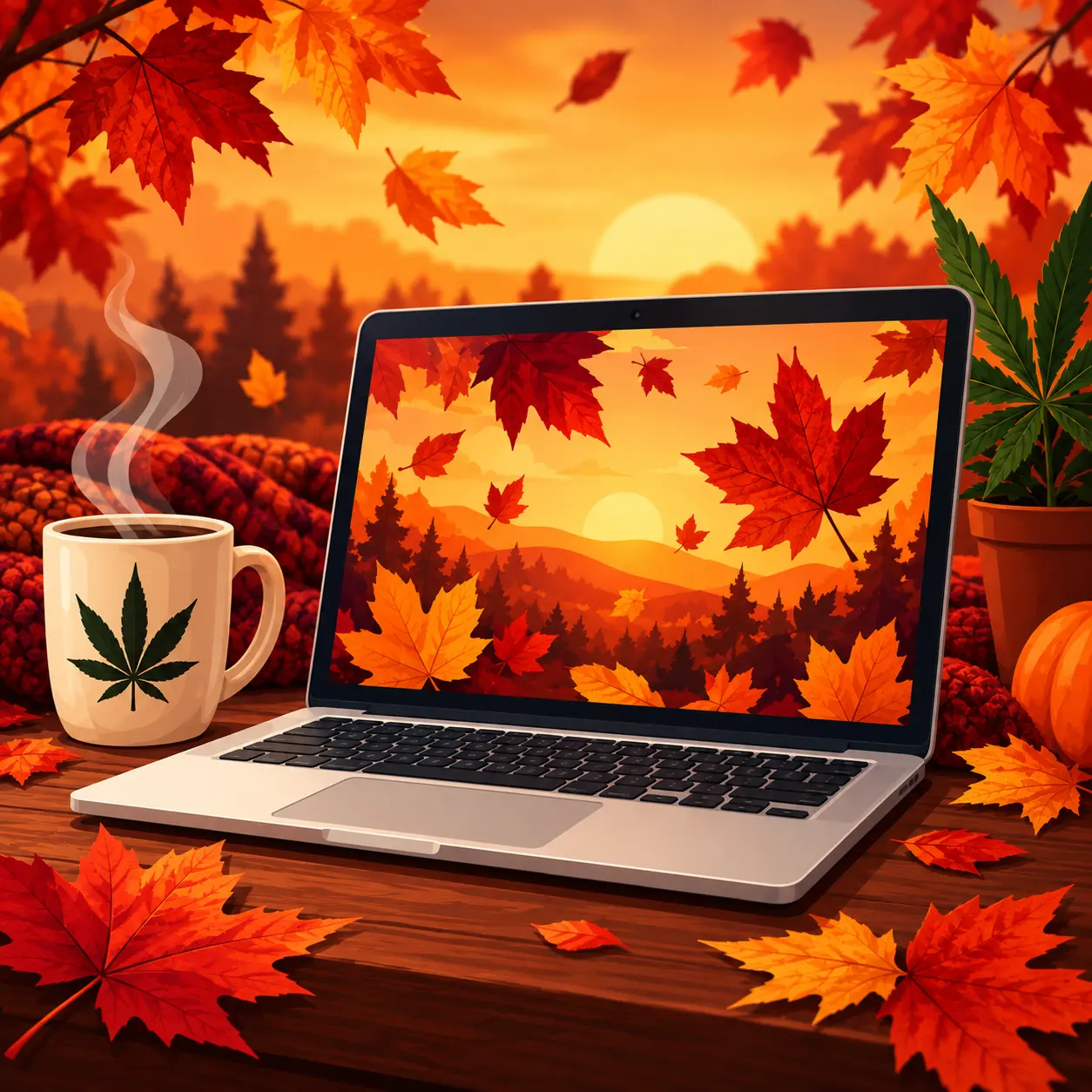 Cyber Monday cannabis sale - laptop with falling autumn maple leaves
