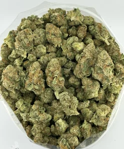Overhead view of Green Crack buds in an open bag