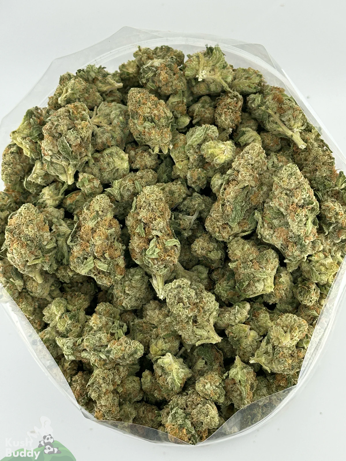 Overhead view of Green Crack buds in an open bag