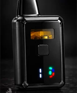 House Vapes 2g black disposable pen with a visible oil window and indicator lights, angled view on a dark background