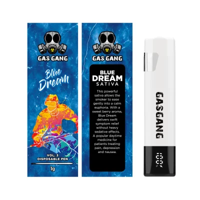 Gas Gang 1g Blue Dream disposable vape pen beside front and back views of its packaging