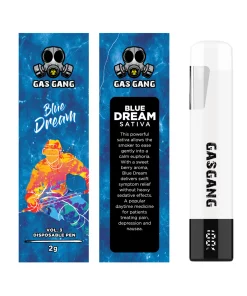 Gas Gang 2g Blue Dream disposable vape pen beside front and back views of its packaging