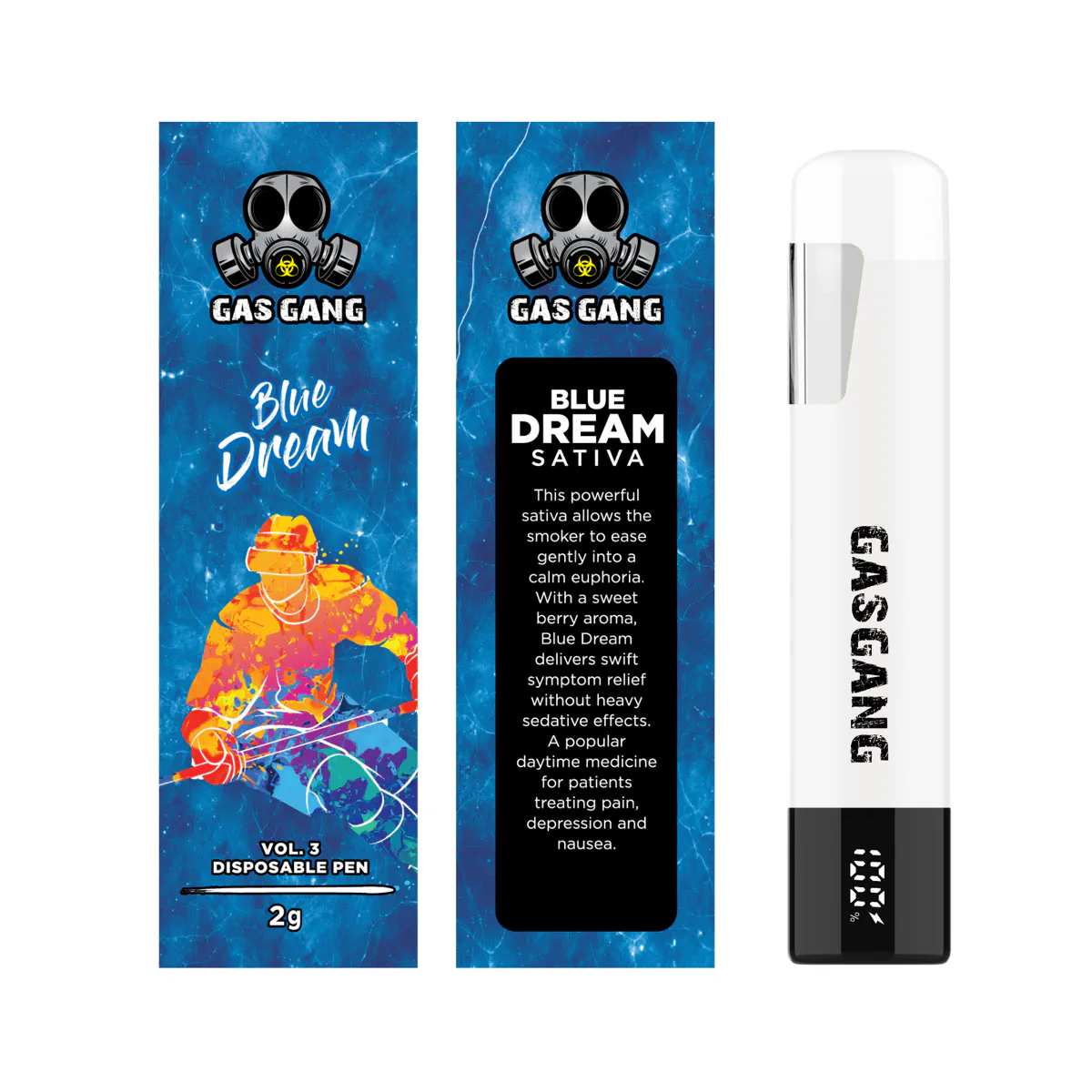 Gas Gang 2g Blue Dream disposable vape pen beside front and back views of its packaging