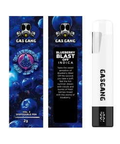 Gas Gang 2g Blueberry Blast Off disposable vape pen beside front and back views of its packaging