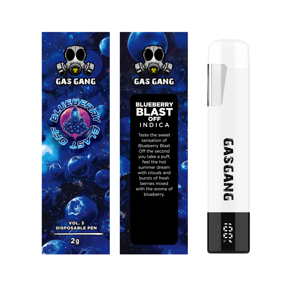 Gas Gang 2g Blueberry Blast Off disposable vape pen beside front and back views of its packaging