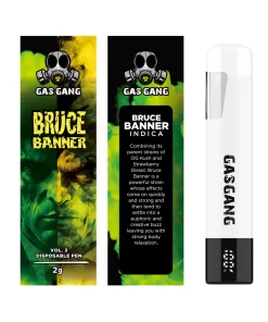 Gas Gang 2g Bruce Banner disposable vape pen beside front and back views of its packaging
