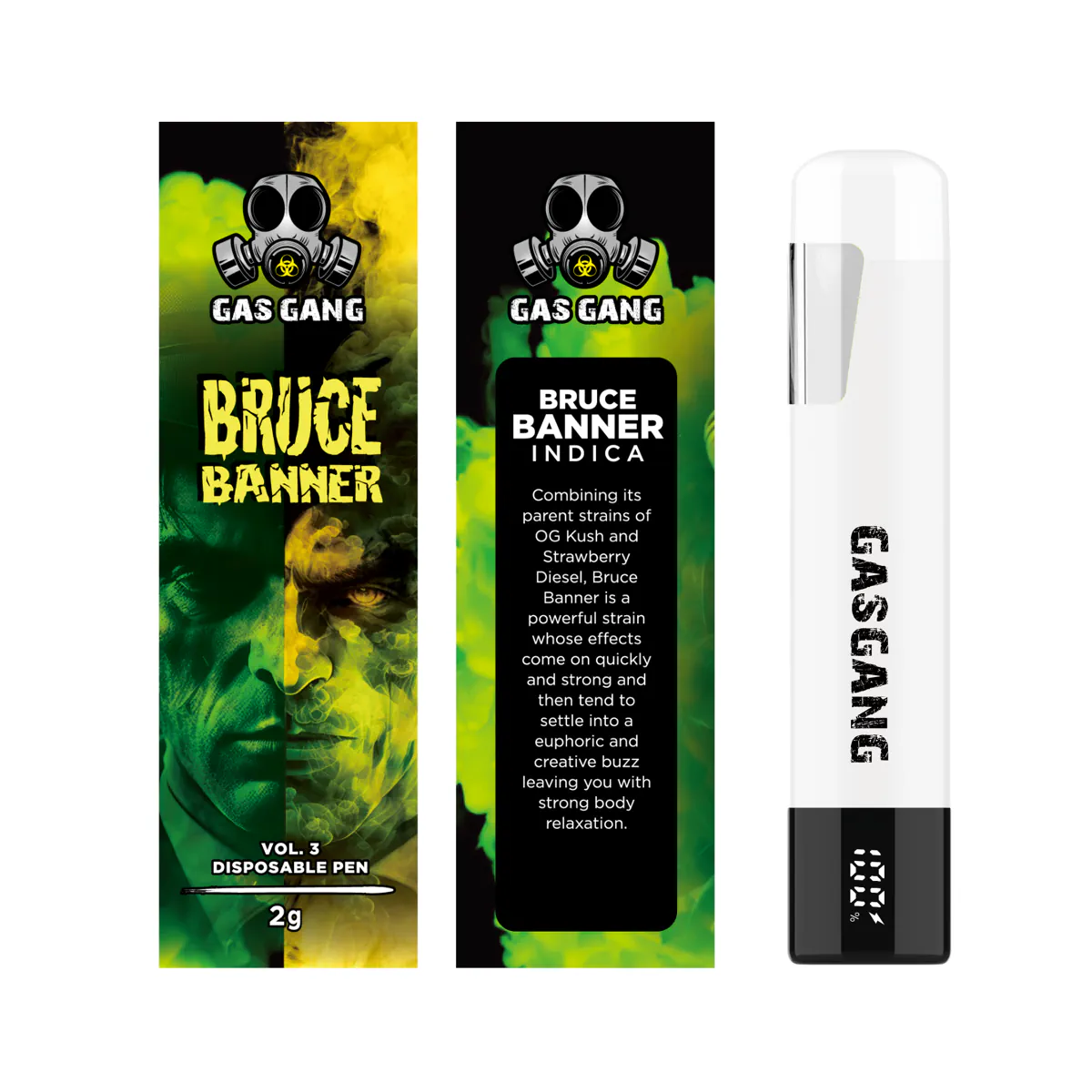 Gas Gang 2g Bruce Banner disposable vape pen beside front and back views of its packaging