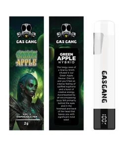 Gas Gang 2g Green Apple disposable vape pen beside front and back views of its packaging