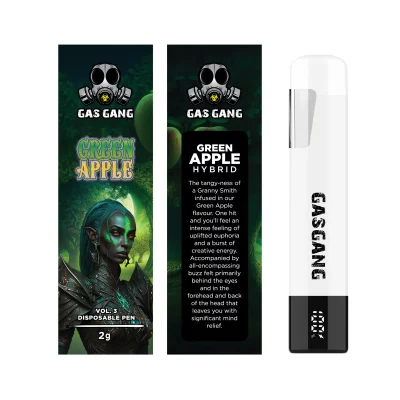 Gas Gang 2g Green Apple disposable vape pen beside front and back views of its packaging