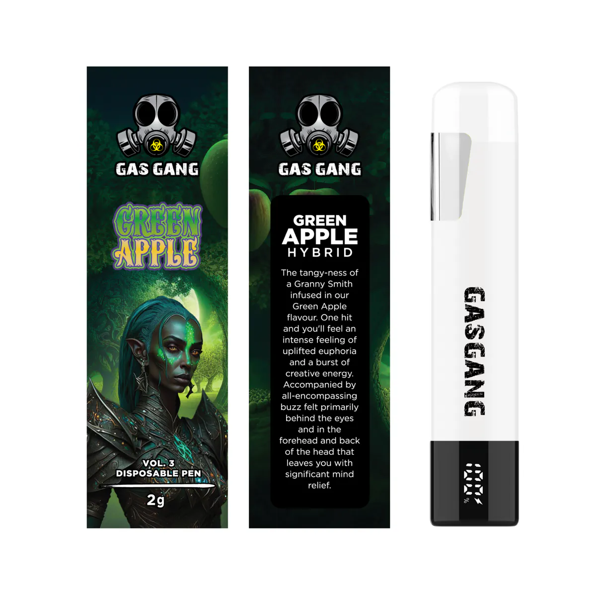 Gas Gang 2g Green Apple disposable vape pen beside front and back views of its packaging