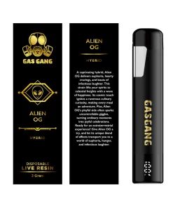 Gas Gang 2g Alien OG live resin vape pen beside front and back views of its black-and-gold packaging