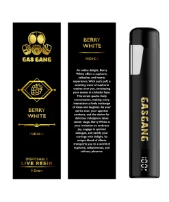 Gas Gang 2g Berry White live resin vape pen beside front and back views of its black-and-gold packaging