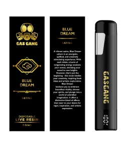 Gas Gang 2g Blue Dream live resin vape pen beside front and back views of its black-and-gold packaging
