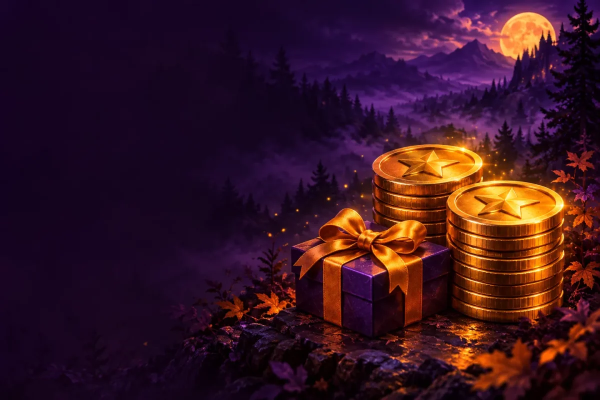 Two stacks of gold reward tokens beside a purple gift box