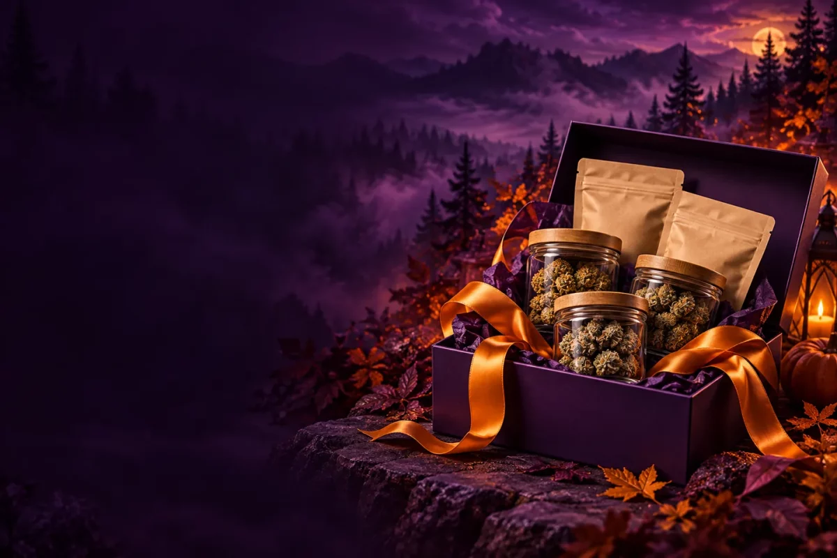 A coordinated bundle of flower jars and pouches in a purple presentation box
