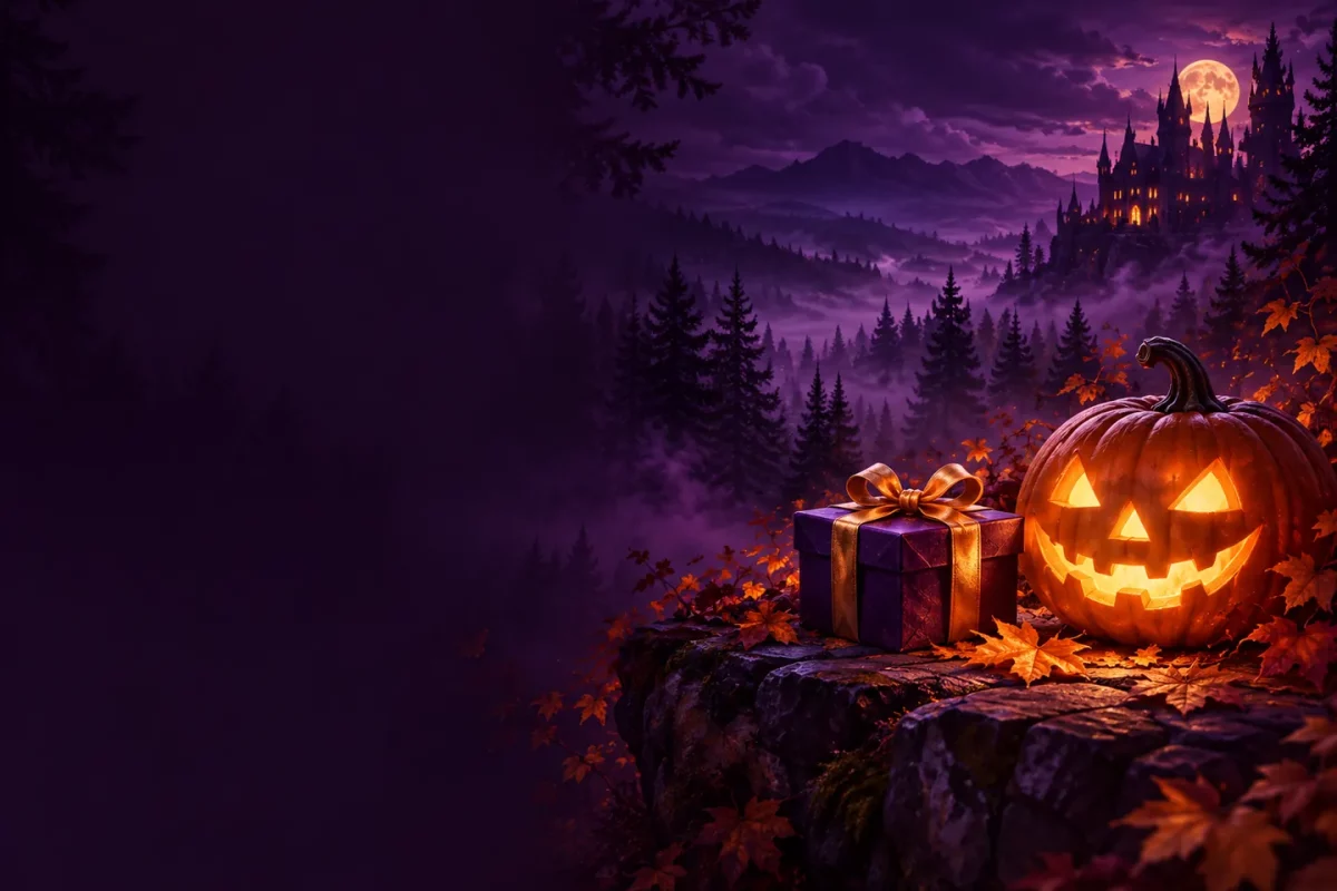 Glowing Halloween pumpkin and a purple reward gift in a misty purple forest