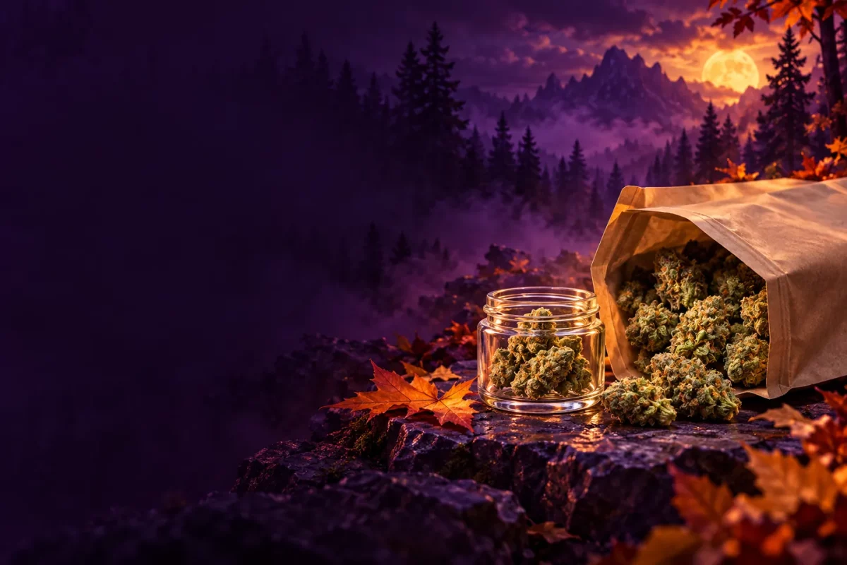 A retail flower jar beside a larger bulk pouch in a purple autumn forest